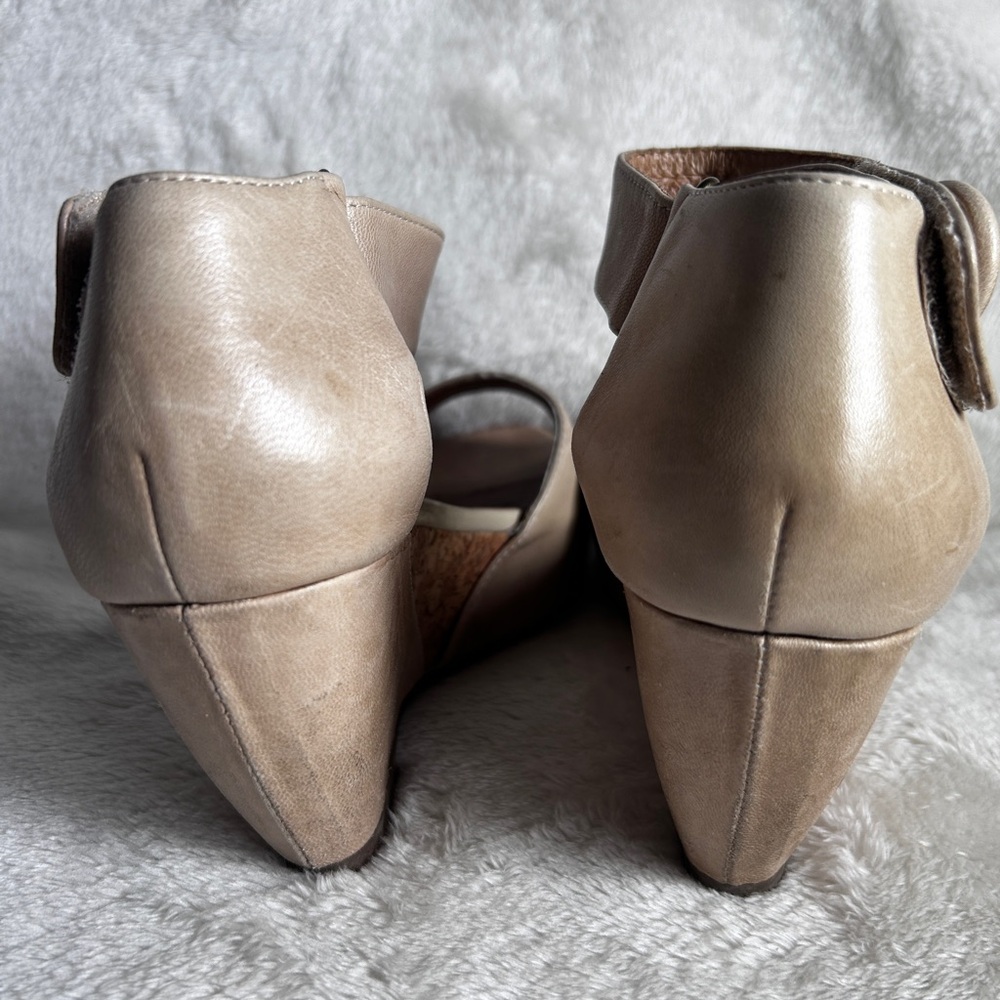 Miz Mooz Metallic Taupe Wedge Sandals with Button Accents - Picture 5 of 9